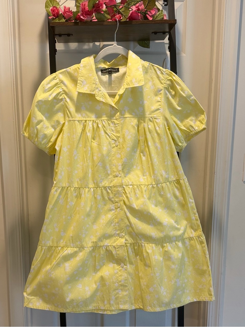 Derek Heart Cotton Yellow and White Floral Button-Front Puff Babydoll Dress - Picture 1 of 14